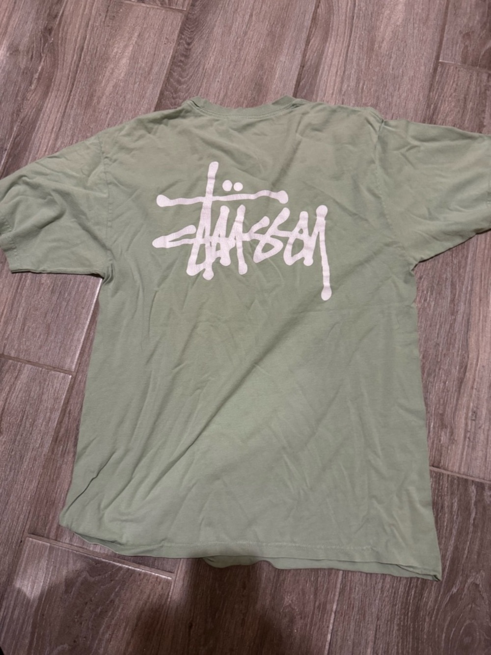 Men’s Stussy Sage Green Short Sleeve Tee with White Script Logo
